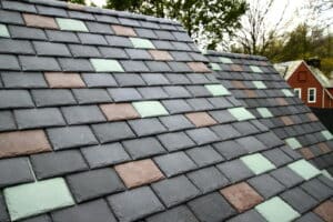 Slate roof with green and brown accent tiles