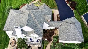 Aerial view of multi-gabled residential roof